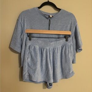 Divided Light Blue Terry Cloth Short Sleeve Top and Shorts Lounge Set
